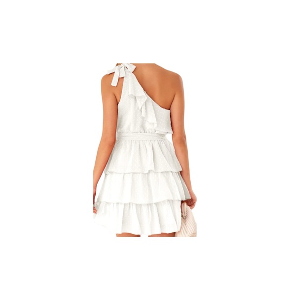 BNWT One Shoulder Dress Swiss Dot Boho High Waist Ruffle Tiered A Line Dress - Picture 3 of 7